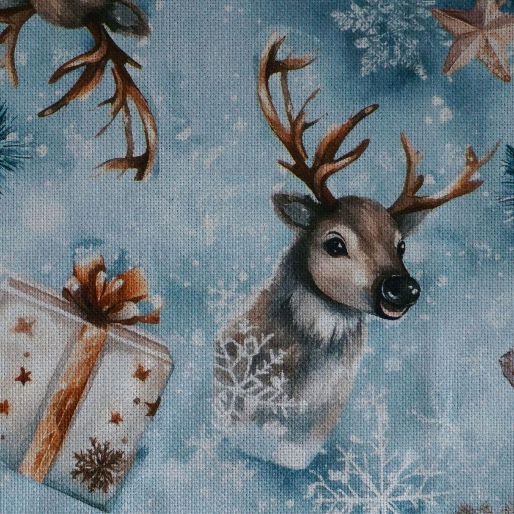 Dekostoff Halbpanama Hirsch Geschenke Eiskristalle blau